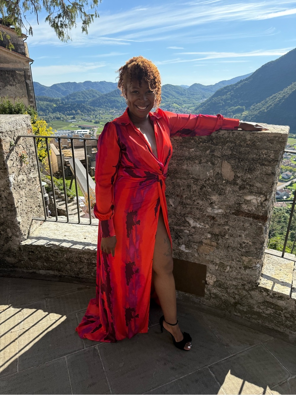 Fashion Nova Red and Pink Long-Sleeve Tie-Waist Maxi Dress, BRAND NEW!